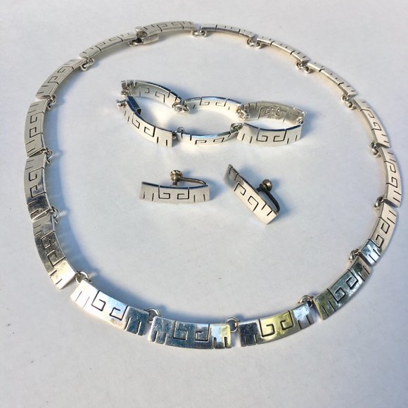 Vintage Signed Mexico Sterling Choker Bracelet Earrings Set - Picture 1 of 8